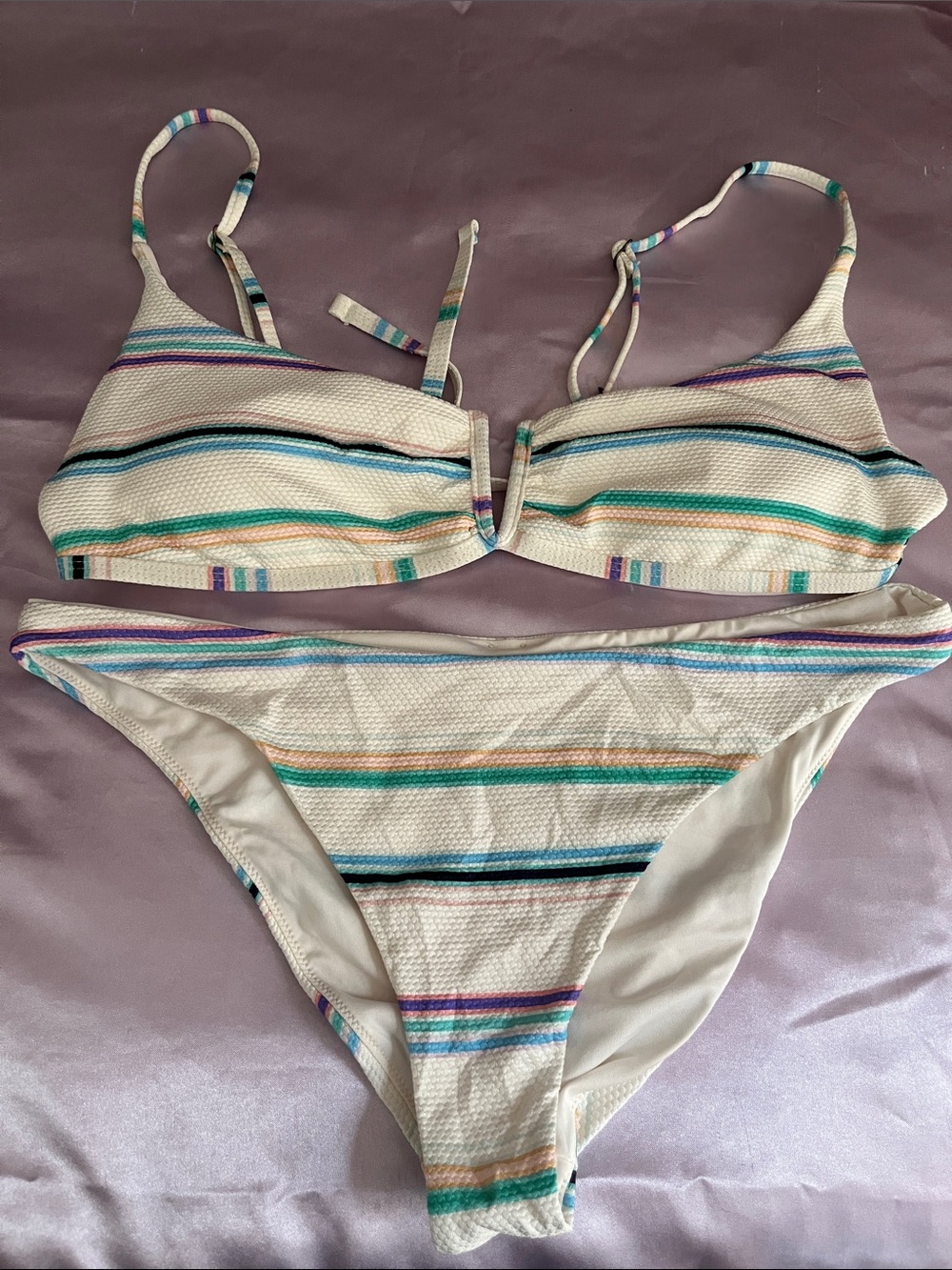 O'Neill White Bikini with Teal, Blue & Purple Stripes